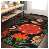 Tyrot Black Boho Floral Area Rug 3x5