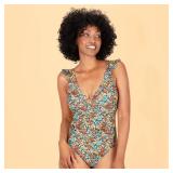 Lands End Floral Ruffle One Piece Swimsuit Large