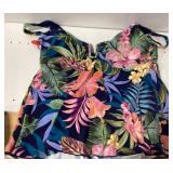 Lands End Floral Tankini Swim Top Navy Large