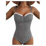 Herseas Ruffled One-Piece Swimsuit Black Stripe M