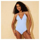 Shade  Shore Striped Plunge One-Piece Blue L