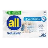 All Free Clear Fabric Softener Dryer Sheets 250ct