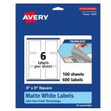Avery 94101 Trueblock Square Labels 3 x 3 White