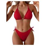 Eomenie Ribbed Halter Bikini Set Red Medium