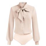 Kate Kasin Bow Tie Long Sleeve Bodysuit Almond S