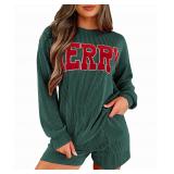 Opemiby 2 Piece Ribbed Pajama Set Green XL