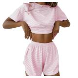 Cioatin Women Y2K Striped 2 Piece Pajama Set Pink