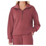 Womens Quarter Zip Pullover Sweatshirt Maroon 3XL