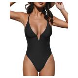 Cupshe One Piece Swimsuit Deep V Neck Black Medium
