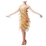 IWEMEK Sequin Fringe Latin Dance Dress Gold Small