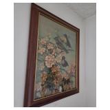 Framed Art Print of Birds and Flowers with Wooden