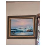 Framed Ocean Wave Painting Signed by Artist