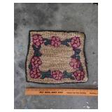 Handmade Floral Hooked Rug Square with Pink and Gr