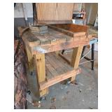 Wooden Workbench with Lower Shelf and Casters