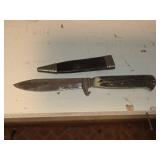Fixed-Blade Knife with Stag Handle and Leather She