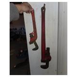 Two Red Heavy Duty Pipe Wrenches, 18-inch and 24-i