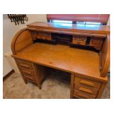 Solid Oak Roll-Top Desk with Multiple Compartments