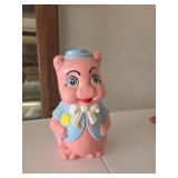 Pink Ceramic Piggy Bank with Blue Outfit and Hat