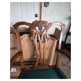 Carved Wooden Armchair with Green Upholstered Seat