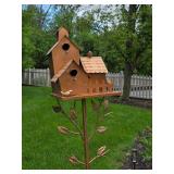 Decorative Metal Birdhouse on Leaf-Themed Stand