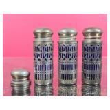 Three Blue Glass and Silver-Toned Perforated Salt