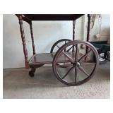Wooden Tea Cart with Large Spoked Wheels and Turne