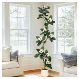 Rubber Tree 7FT in White Planter Pot, Faux Plant