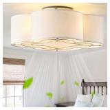 Caged Ceiling Fan with Light, Rattan Flush Mount