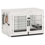Piskyet Dog Crate, Rotatable Bowls, Marble White