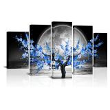 5 Panel Full Moon Phase Canvas, Blue Sakura Tree