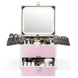 Qislee Makeup Box with Lighted Mirror   ICY Pink