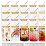 ASKIZ Glass Cups w/ Bamboo Lids & Straws, 16Oz