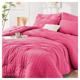 HYMOKEGE Hot Pink Queen Comforter Set Seersucker