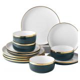 Pokini Porcelain Dinnerware Set, 12pc, Green Rim