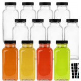 12 OZ Glass Drink Bottles, Set of 12 with Lids