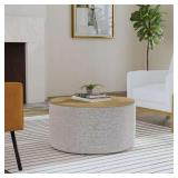 White Boucle Knit Ottoman with Wood Top