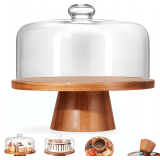 VIVIRBIEN Acacia Cake Stand with Glass Dome, 11'