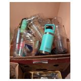 box of travel mugs and plastic cups yeti