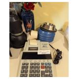 cat bowls vase and adding machine