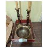 Brass bowl and candlesticks