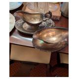 (2) silver plate gravy boats and dish