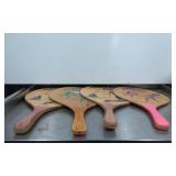 Four Wooden Beach Paddle Ball Rackets with Printed