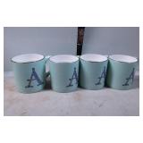 Four Mint Green Porcelain Mugs with Blue Letter 