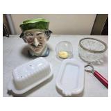 Ceramic Planter, Milk Glass Butter Dish, Glass Bow