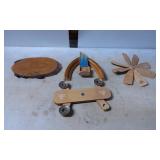 Wooden Craft Items Including Plaque, Fan, and Asse