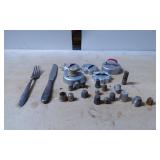 Metal Cookie Cutters, Sewing Thimbles, Knife, and