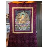 Buddhist Thangka Tapestry with Silk Borders and Me