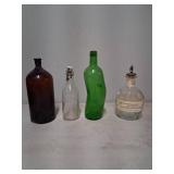 4 Glass Bottles: Old Sol, Green Swirled, Clear Swi
