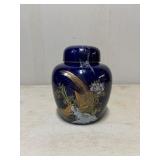 Cobalt Blue Ceramic Ginger Jar with Gold-Tone Bird