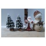 Snowy Miniature Trees, Santa Figurine, and Snowman